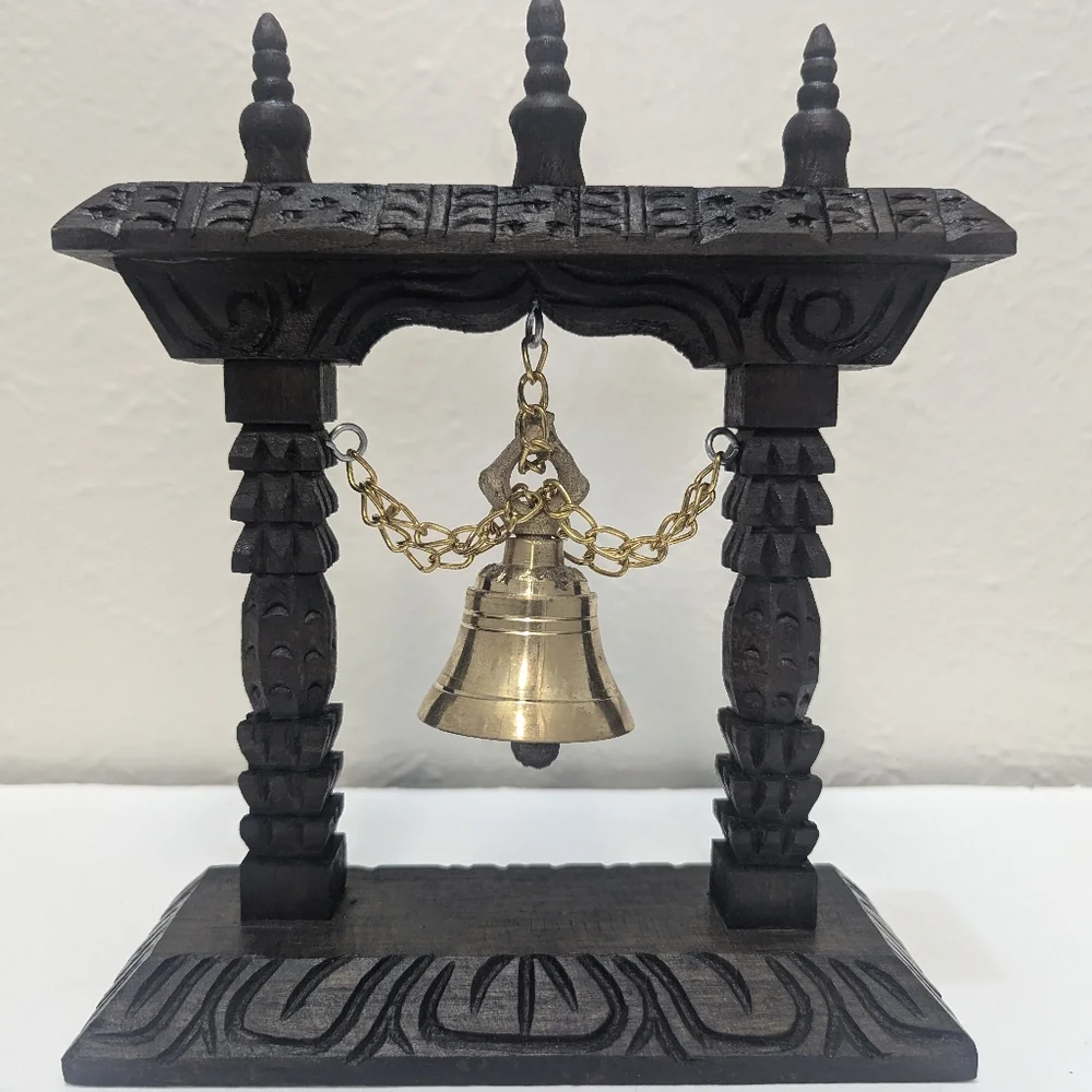 Buddhist Handmade Traditional Table Brass Bell On Wooden Frame. New Without Tag - Picture 2 of 2